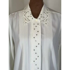 Vintage Lydia Fashion Blouse Women's Small Ivory Embroidered Floral Collar 80s